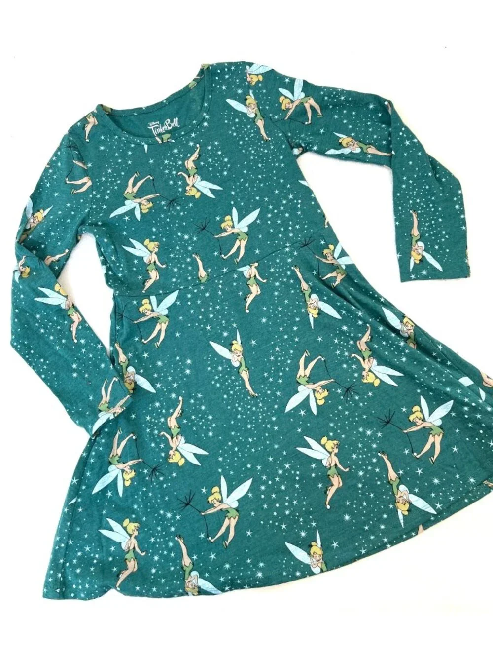 Tinkerbell Girls Twirly Dress M 7/8 Dark Teak Peter Pan Disney Long Sleeve Fairy